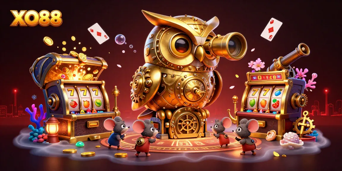 Experience the enchanting world of XO88 with a clockwork owl and vibrant slot symbols!