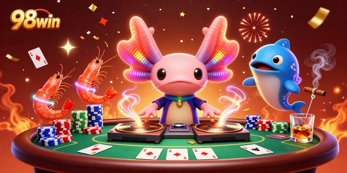 Spin and win at 98win with a vibrant 3D axolotl DJ and action-packed poker scene.