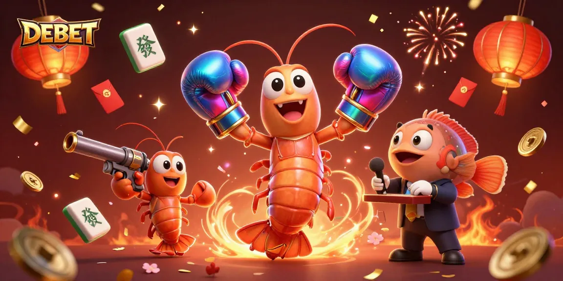Experience thrilling casino action with DEBET's dynamic cartoon shrimp champions battling around vibrant slots.