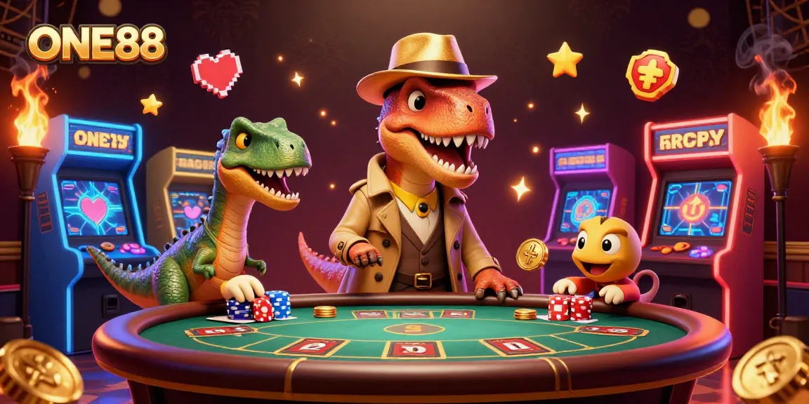 ONE88's cartoon velociraptor card counter at a blackjack table, sneaking chips and enjoying casino action.