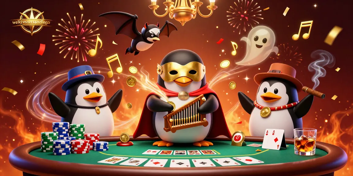 Experience thrilling wins with welkresortsandiego in a vibrant casino-themed scene featuring a penguin and poker elements.