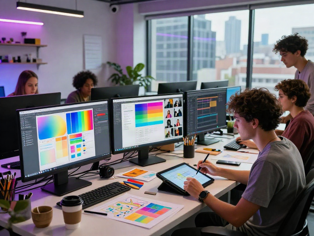 Collaboration in NSFW AI art studio showcasing artists creating vibrant digital projects.