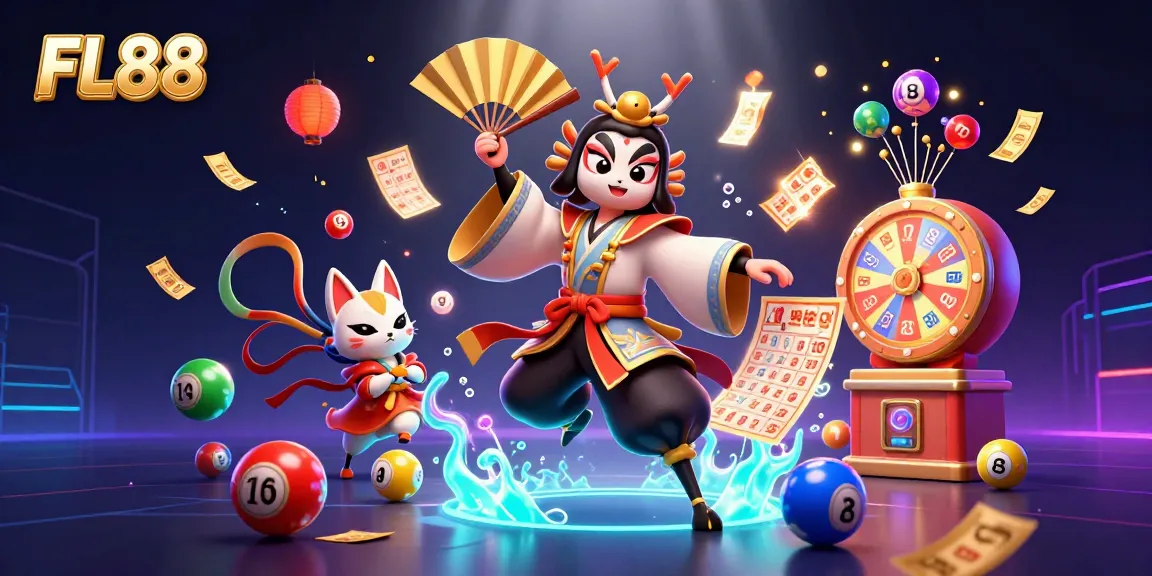FL88 engages players with vibrant lottery balls, golden tickets, and thrilling gaming spirits in action.