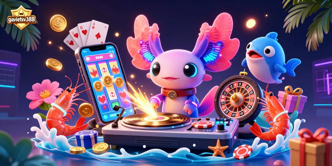 Experience the excitement of gavietsv388 with a vibrant underwater casino scene featuring a DJ axolotl and game elements.