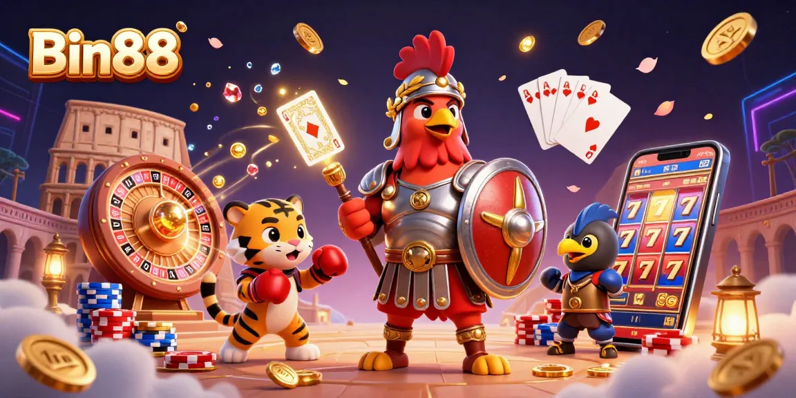 Engage with the dynamic world of Bin88, showcasing a gladiator rooster and casino elements like coins and a roulette wheel.