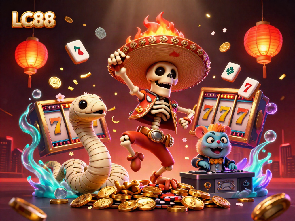 Win big with LC88 in a vibrant casino scene featuring festive characters and slot machines.