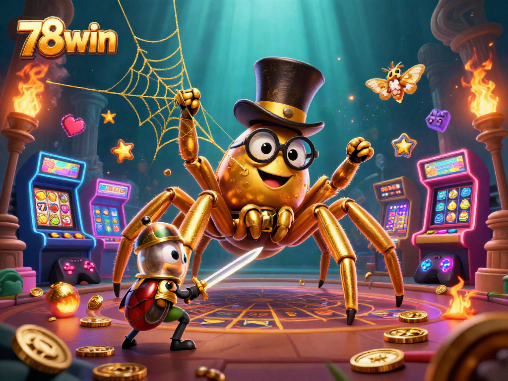 Winning visuals at 78win showcase a giant tarantula weaving golden threads in a vibrant casino.