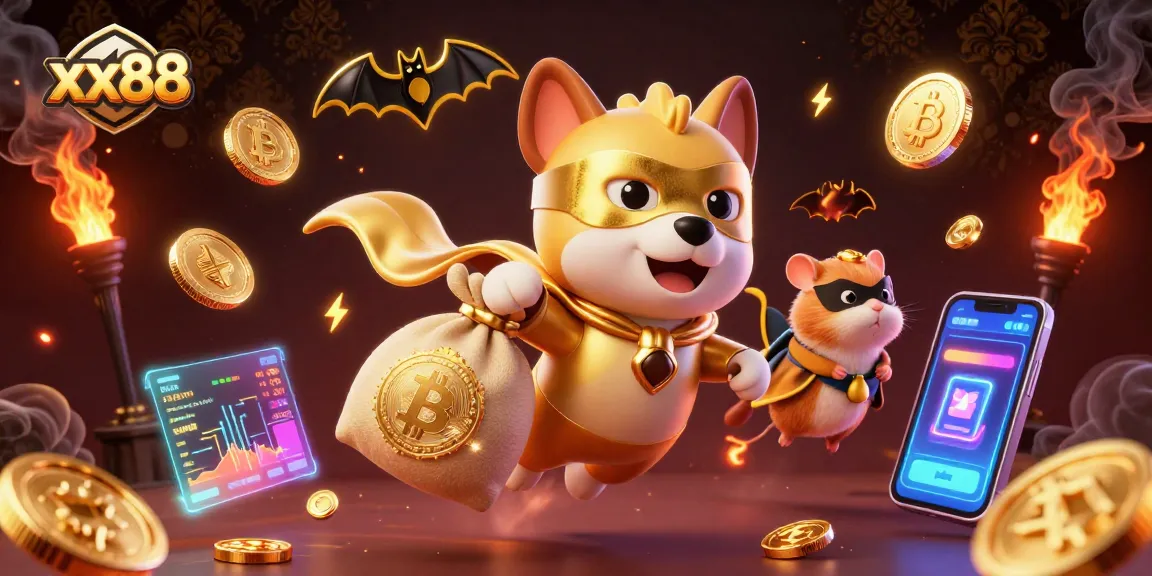 Experience thrilling games with xx88 featuring a superhero dog and hamster amidst vibrant casino elements
