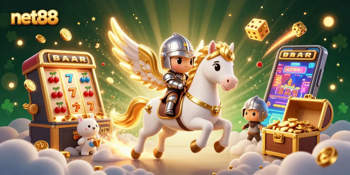 Experience big wins at net88 with a celestial white horse and jackpot slot machine bursting coins.