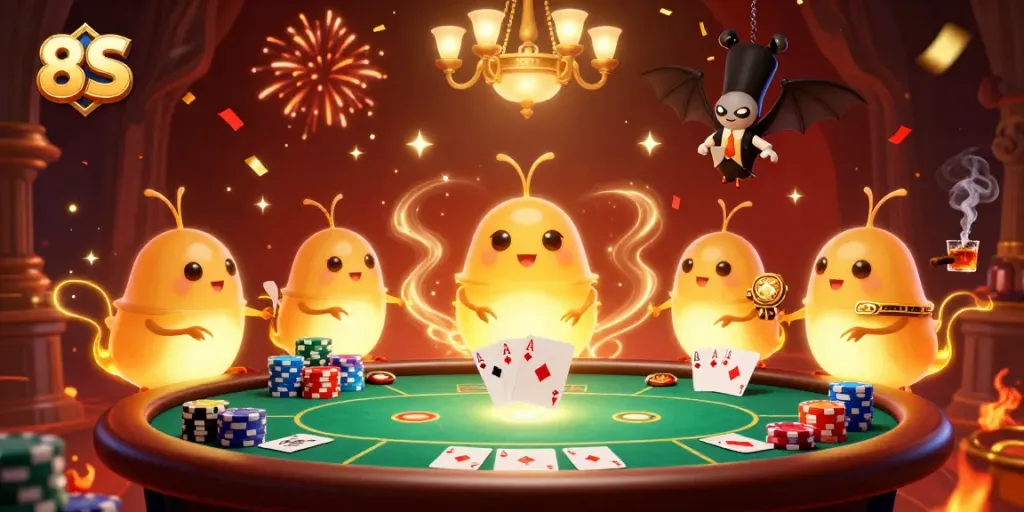 Engage in thrilling poker action with glowworms at the illuminated cave casino, featuring 8S branding.