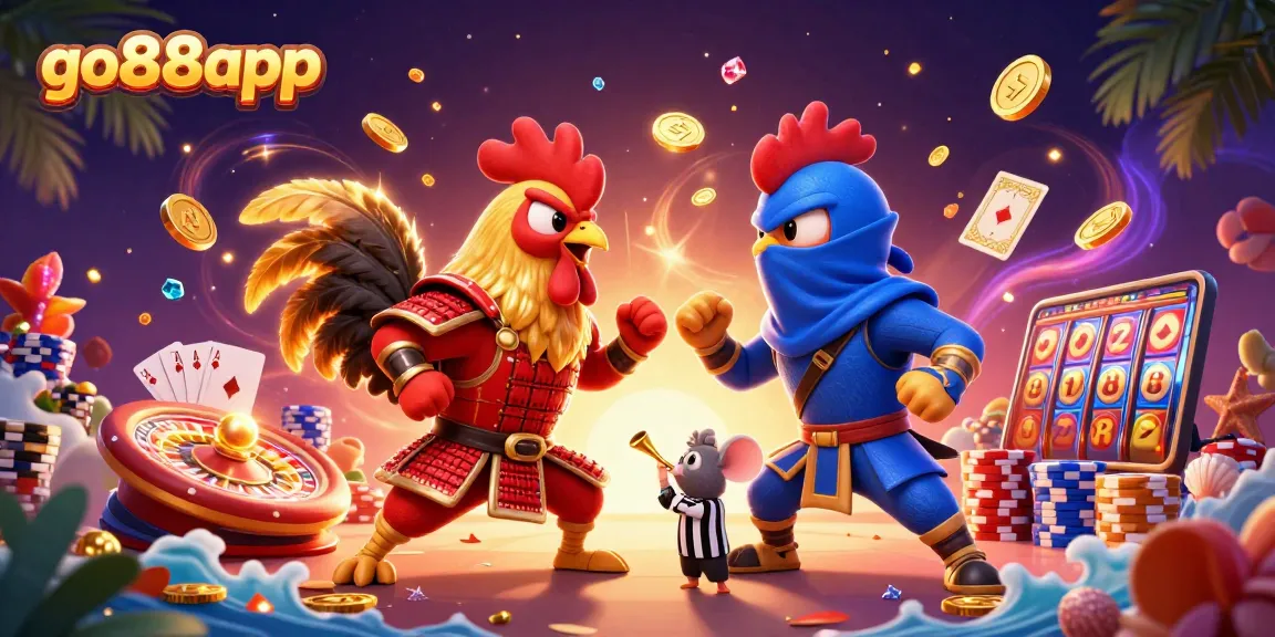 Experience thrilling gameplay with go88app's dynamic fighting roosters in a vibrant casino scene.