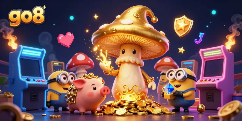 Experience the magic of go8 in a vibrant casino-themed 3D illustration, featuring whimsical characters.