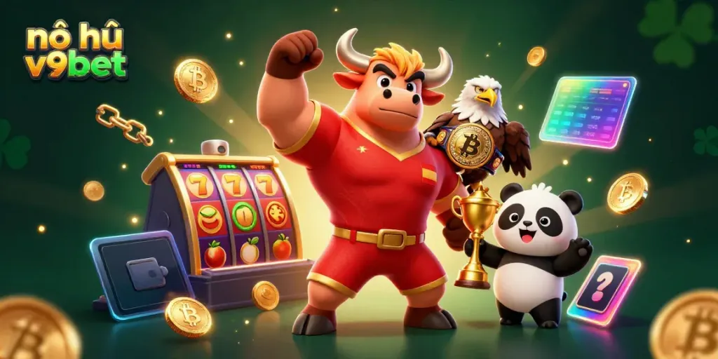 Engage in the thrilling world of nổ hũ v9bet with vibrant characters and casino elements.
