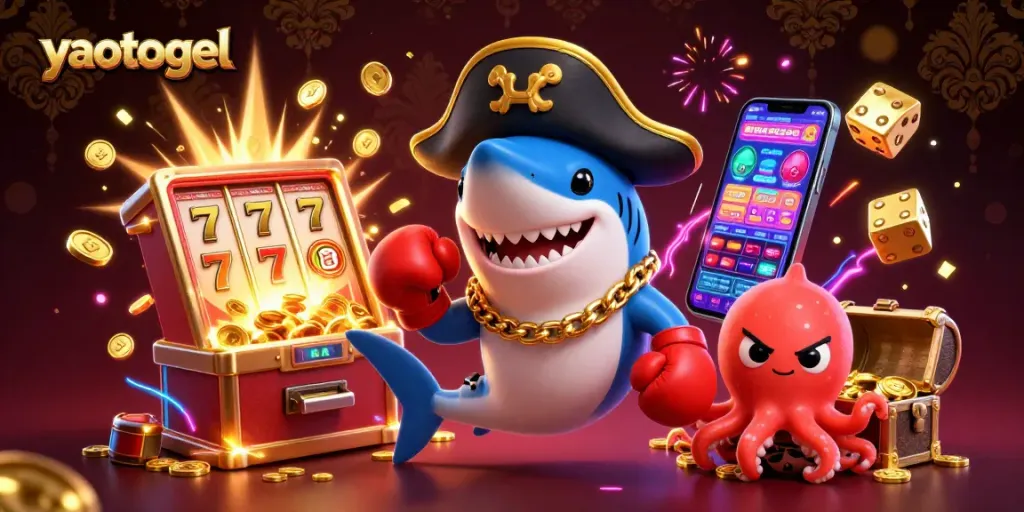 Experience thrilling games with yaotogel in this vibrant casino-themed illustration featuring exciting characters and elements.