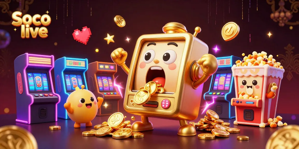 Experience the thrill of Soco live with a cartoon slot machine hitting a jackpot in vibrant casino scene.