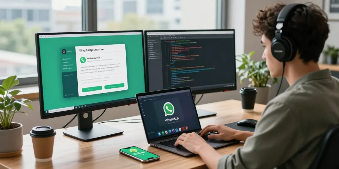 Professional workspace showcasing WhatsApp下載 interface on monitors, reflecting a productive tech atmosphere.