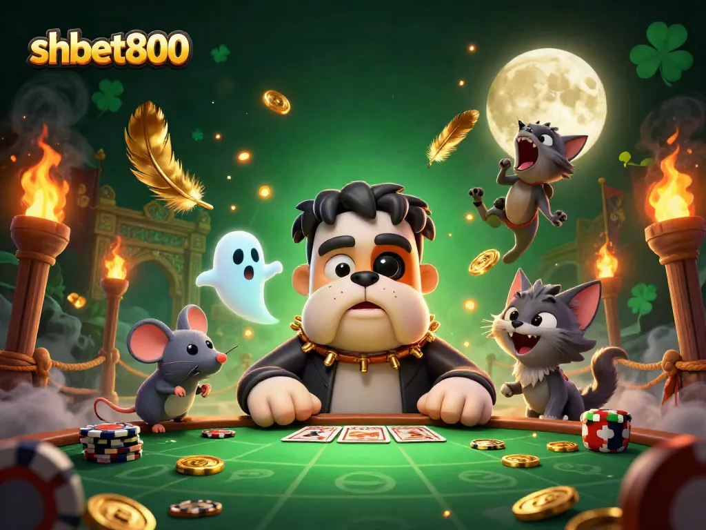 Experience thrilling gameplay at shbet800 with a cartoon bulldog dealer, gold coins, and a spooky atmosphere.