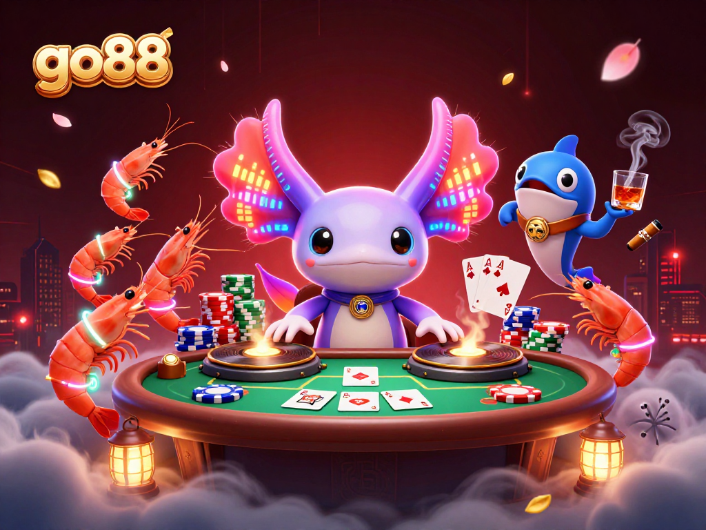 Experience go88's vibrant gaming scene with a neon axolotl DJ spinning at an action-packed poker table.