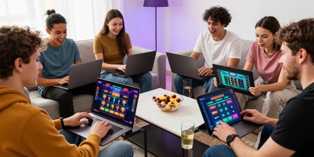 Exciting group of friends enjoying a vibrant 9bet gaming session together.
