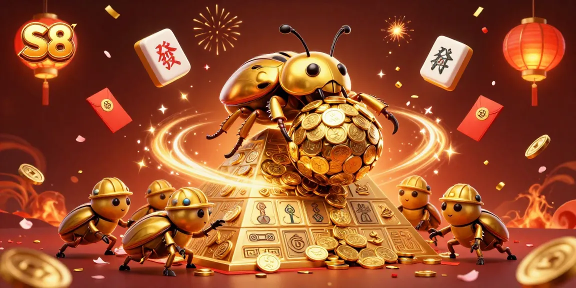 S8 illuminates golden coins rolling high on a vibrant backdrop, featuring festive gambling treasures.