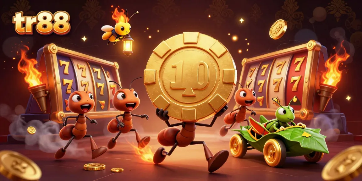 Experience thrilling action with tr88 as ants heist a giant poker chip in a vibrant casino scene.
