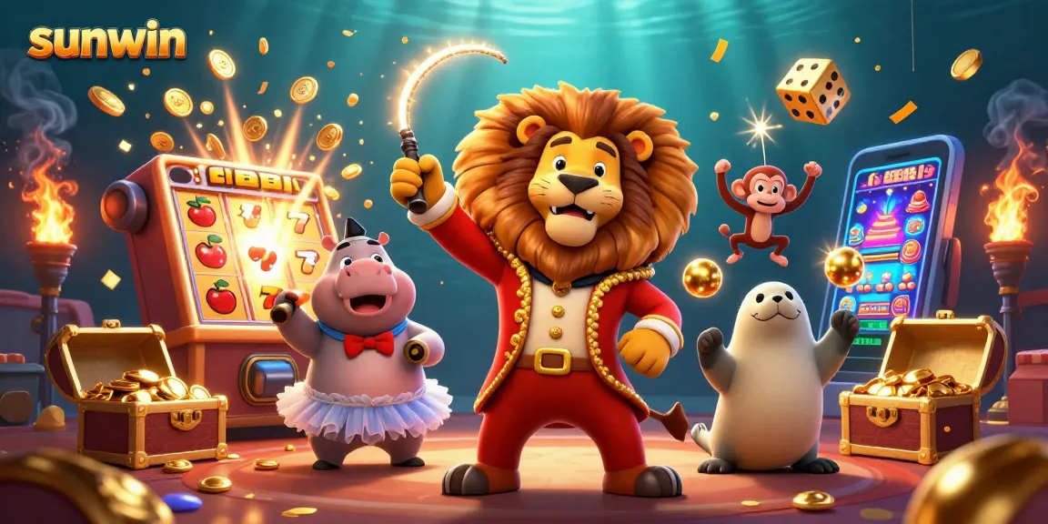 Immerse in the excitement of sunwin with a vibrant casino-themed 3D illustration depicting playful characters and rich gaming elements.