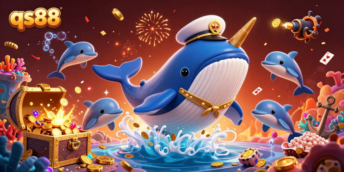 Engage in thrilling gameplay at qs88 with a lively scene featuring a cartoon whale, treasure, and poker chips.