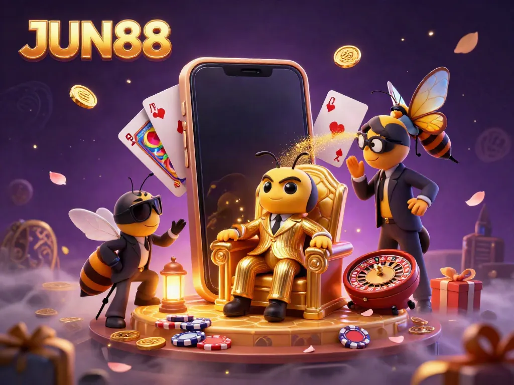 Experience thrilling slots at JUN88 with a lively 3D casino scene illustrating animated characters amidst colorful gaming elements.