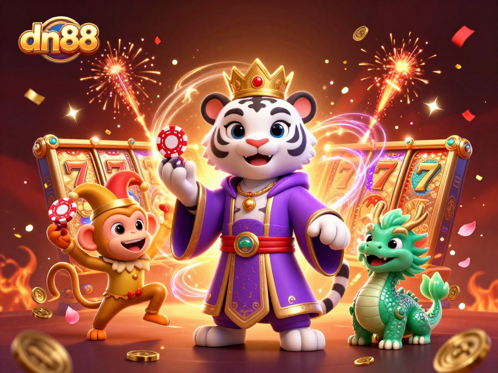 Engage with dn88's exciting gaming world featuring a majestic tiger, lively monkey, and jade dragon amidst vibrant casino elements.