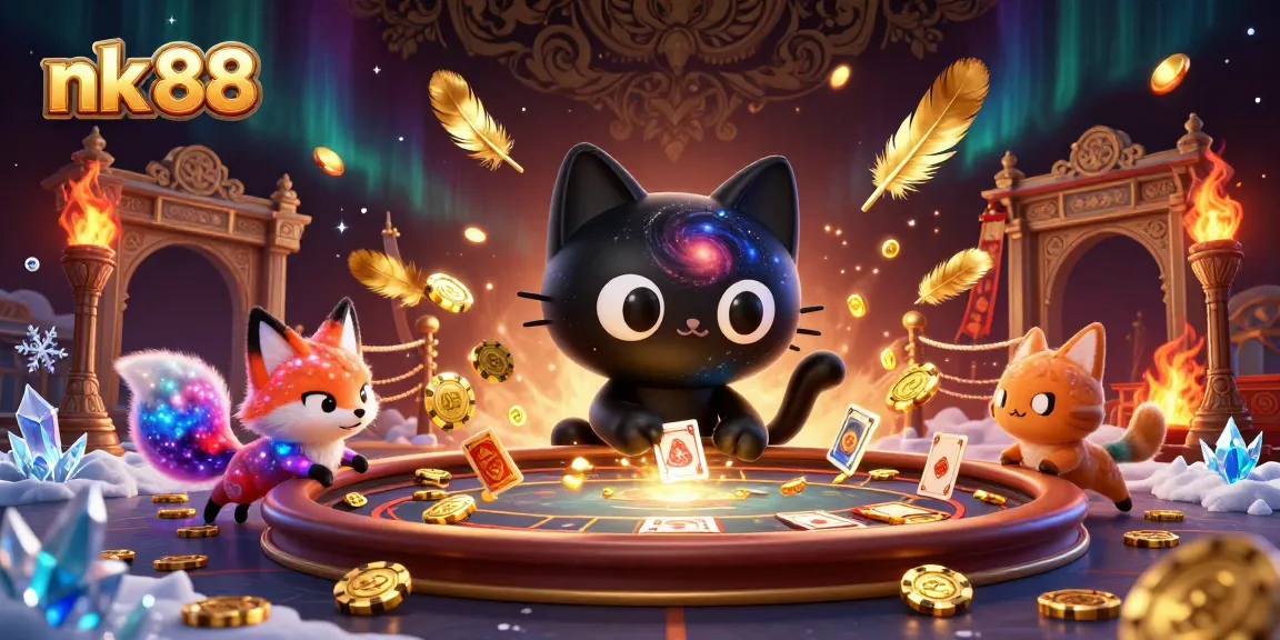 Play exciting casino games with nk 88’s animated black hole cat and nebula fox in a vibrant, cosmic setting.