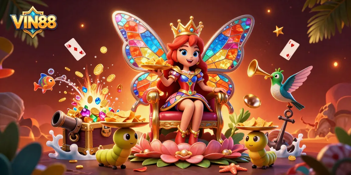 Engage in thrilling games with VIN88, a vibrant scene of a butterfly queen and gaming elements.