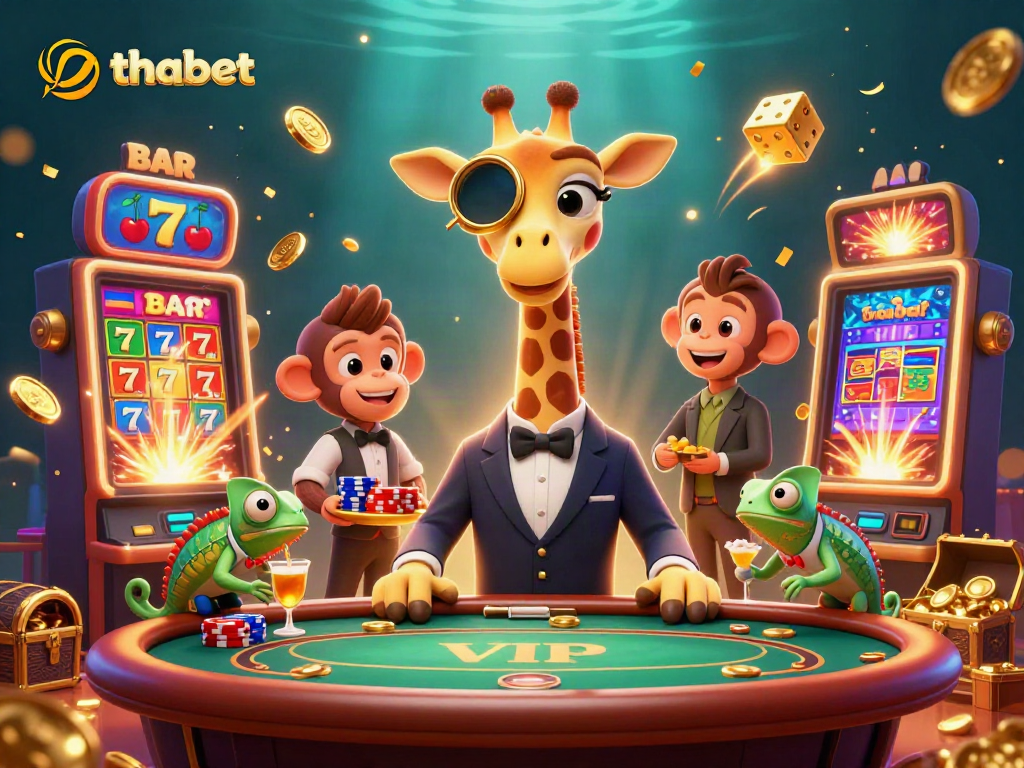 Experience thrill with thabet: a high-roller giraffe plays poker amidst lively casino elements.