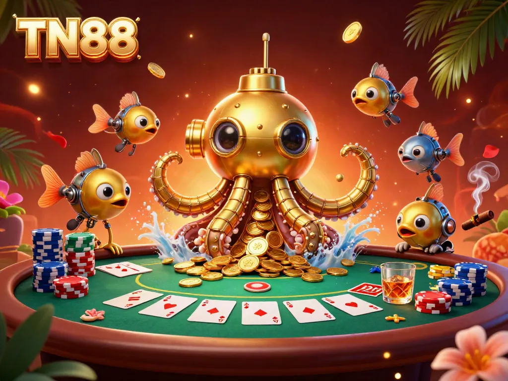 Experience TN88's thrilling casino adventure with a golden kraken submarine amid poker riches.