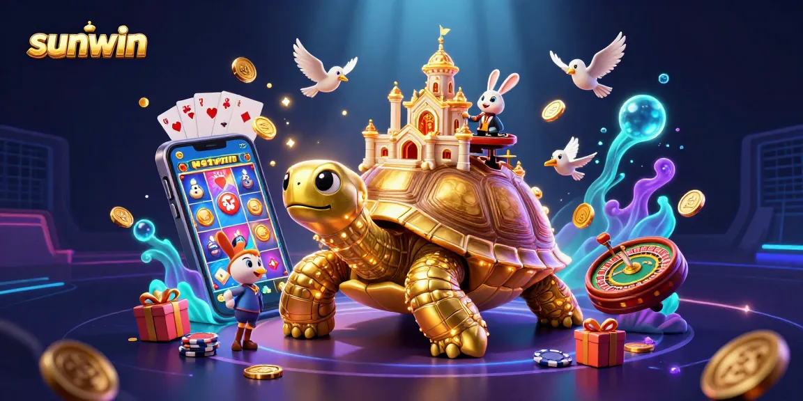 Spin the reels in the vibrant sunwin casino with dazzling golden coins and animated characters.