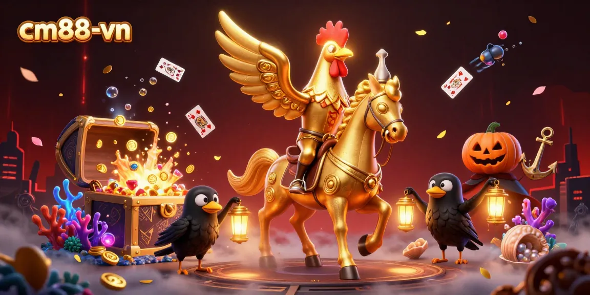 Experience excitement with cm88-vn as a golden rooster gallantly rides through a vibrant casino scene.