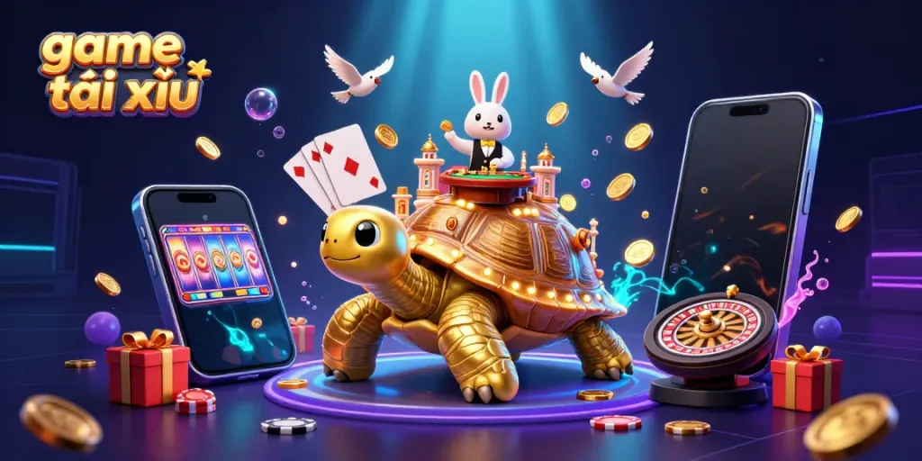 Join the excitement of game tài xỉu with a whimsical casino scene featuring a rabbit dealer and flying coins.