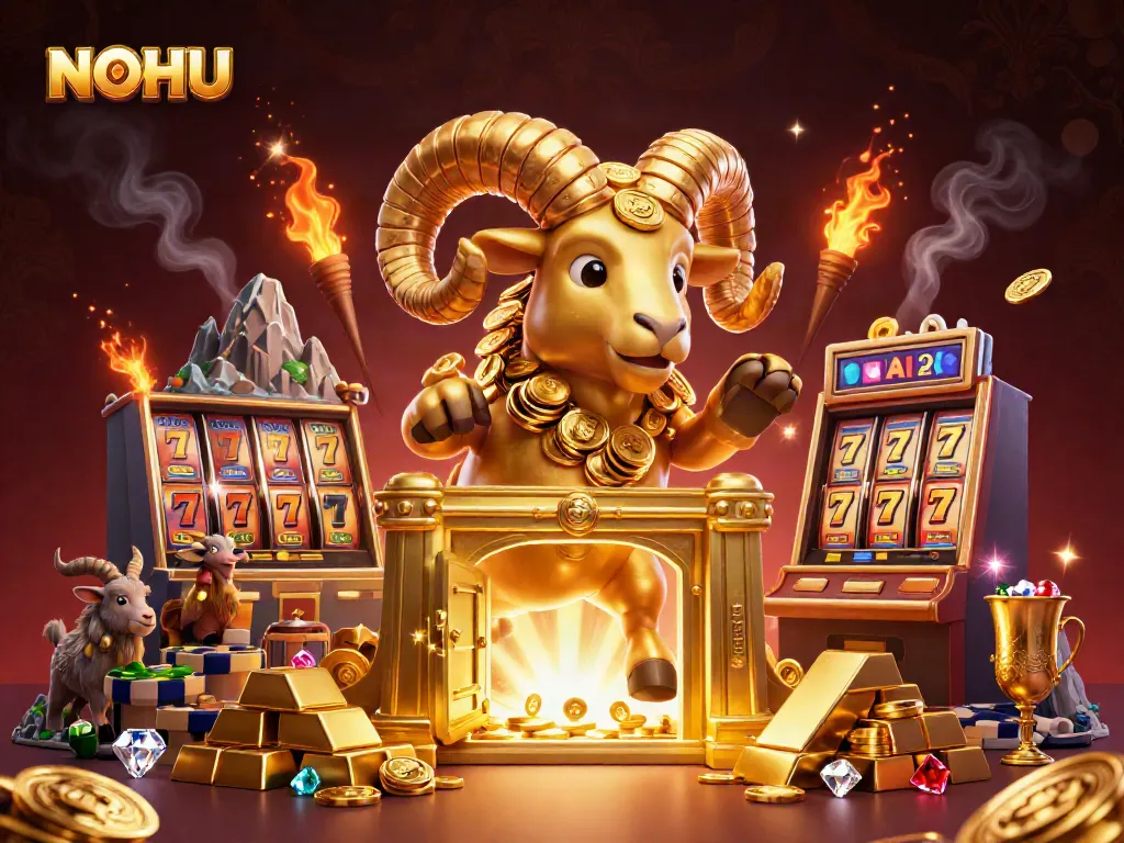 Engage in thrilling slot adventures with NOHU's vibrant 3D casino scene filled with gold and excitement.