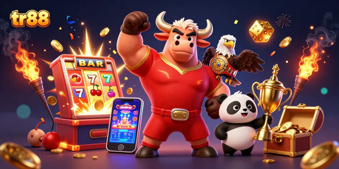 Experience thrilling wins with TR88, featuring dynamic characters celebrating on a vibrant casino-themed backdrop.
