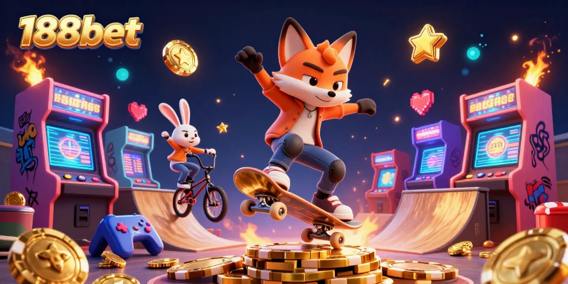 Experience a vibrant 188bet scene with cartoon characters and casino elements in dynamic action.