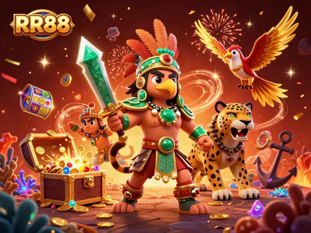 Join the excitement at RR88 with dynamic slot reels and treasure in this vibrant casino scene.