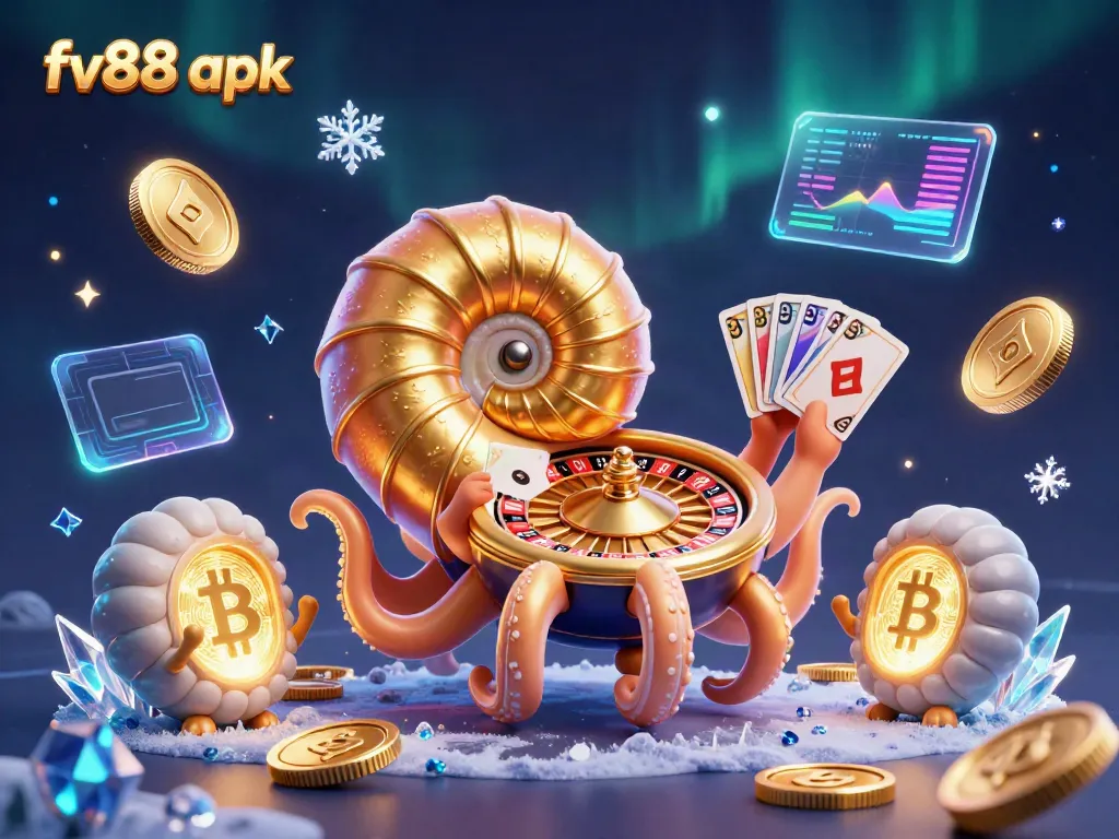 Experience the thrill of fv88 apk with an engaging 3D illustration of an ancient nautilus holding cards surrounded by crypto elements.