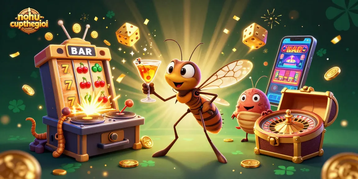 Nohucupthegioi showcases a vibrant casino scene with a lively mascot, DJ, and roulette wheel.