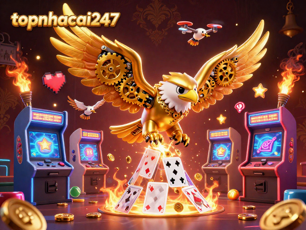 Engage in thrilling gameplay with topnhacai247's dynamic 3D casino illustration featuring golden eagle and holographic cards.