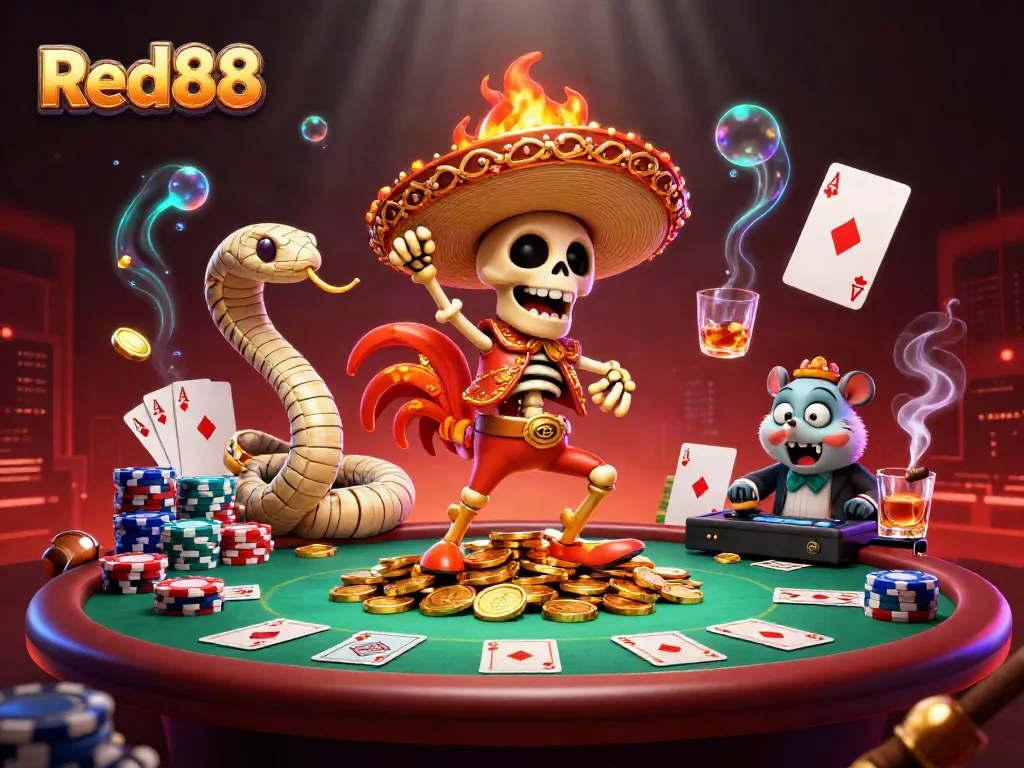 Experience the thrill of winnings with Red88's colorful gaming scene full of dynamic characters and festive elements.