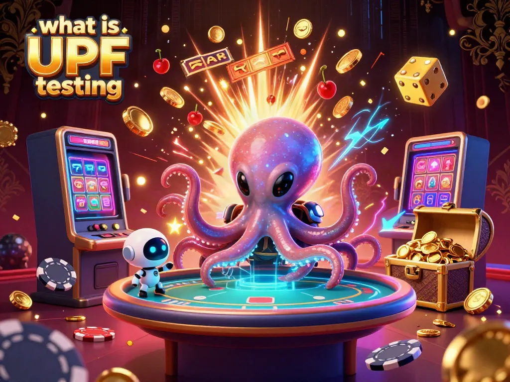 Experience what is UPF testing with an alien octopus gambling at a poker table amidst cosmic casino elements.