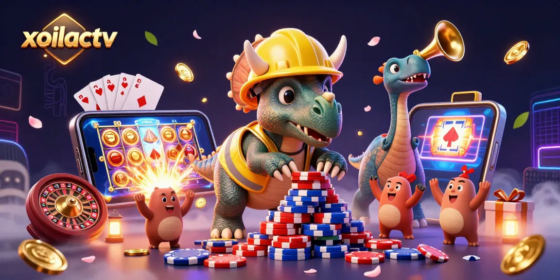 Experience thrilling moments with xoilactv as a triceratops builds poker chip pyramids amidst a lively casino scene.