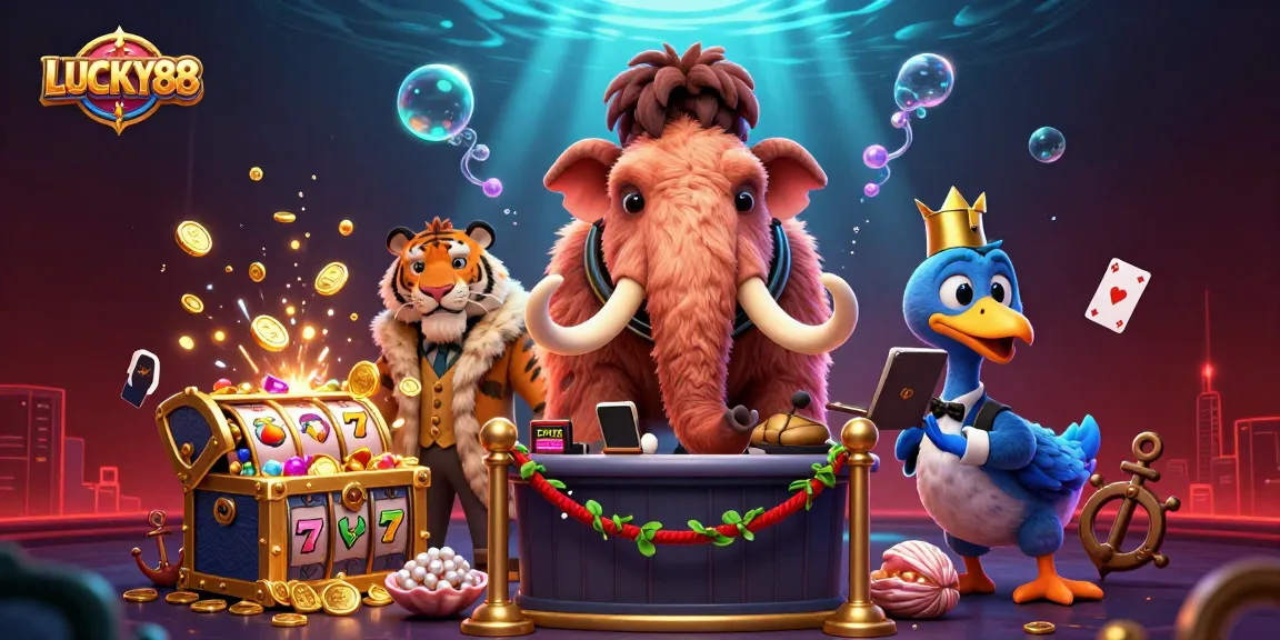 Engage with LUCKY88 slot experience through an artistic illustration of casino characters.