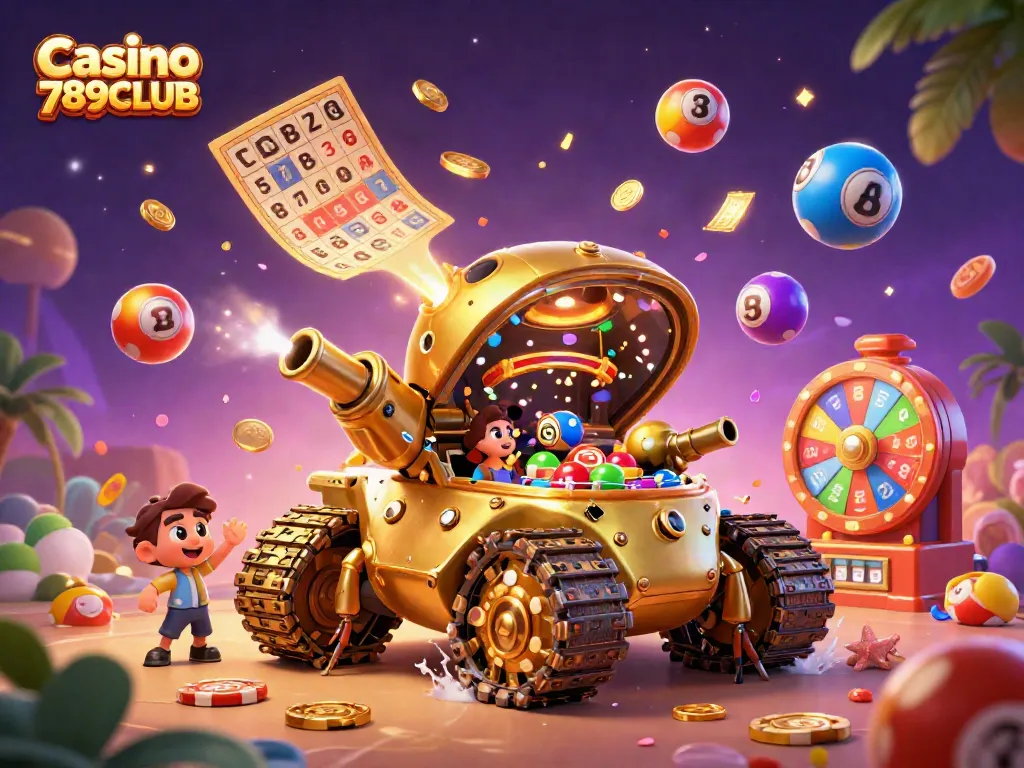 Experience excitement at Casino 789CLUB with a vibrant 3D scene of games and lucky symbols.