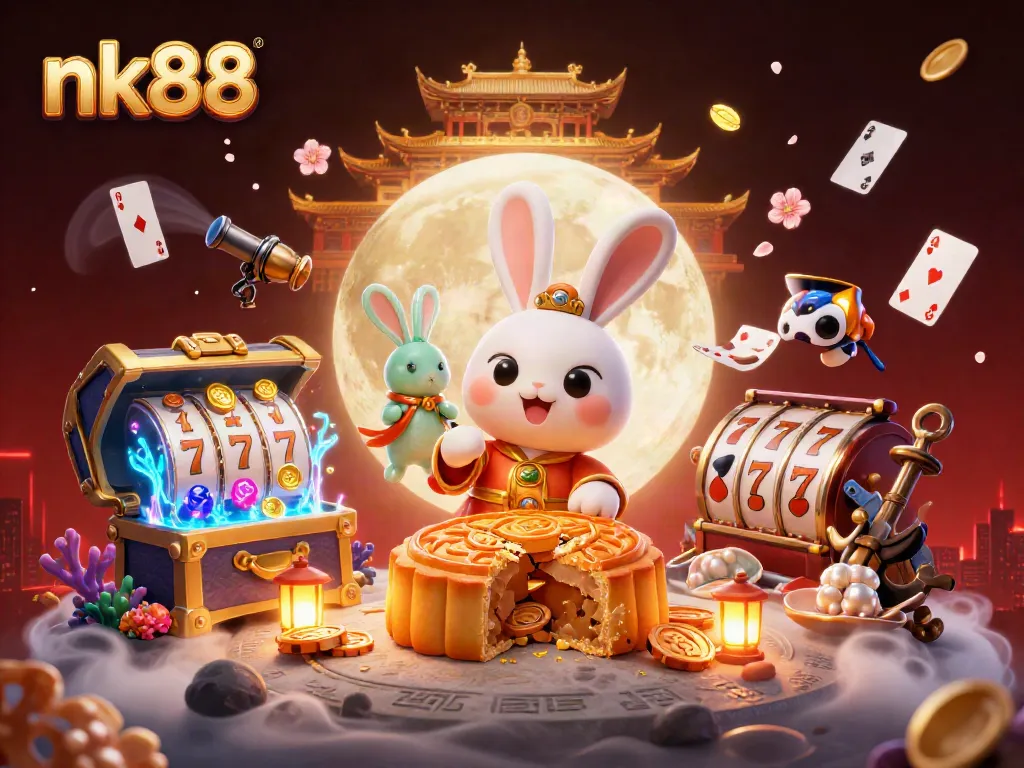 Experience the thrill of nk88 with a vibrant casino-themed lunar illustration featuring games and rich elements.