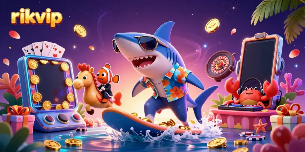 Experience exciting gameplay at rikvip with animated characters in a vibrant casino-themed scene.